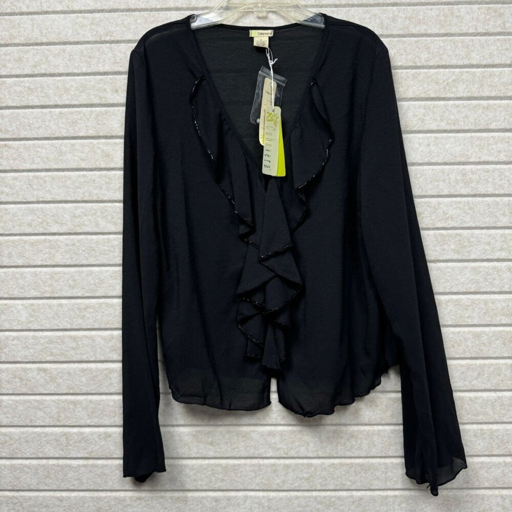 Women’s M Black Sheer Long Sleeve Ruffle Front Blouse NWT Cubavera